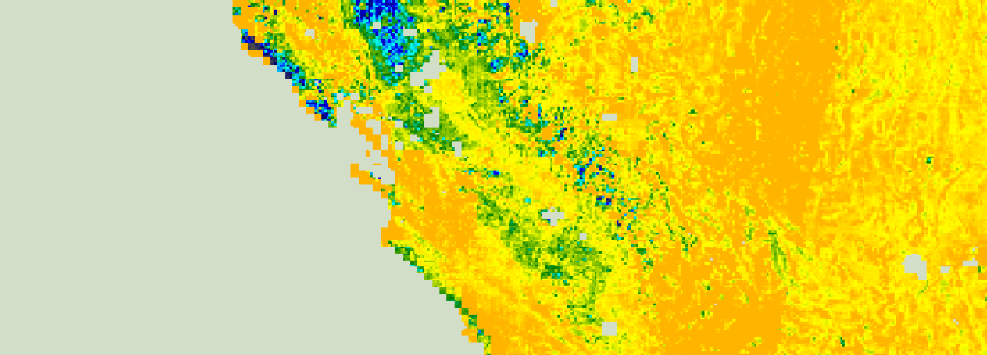 SMAP/Sentinel-1 surface soil moisture across the Central Valley and the Great Basin, merged from sixteen passes: the irrigated Valley floor and the Sierra reservoirs read wet green and blue, the Coast Ranges and the interior dry yellow and orange.
