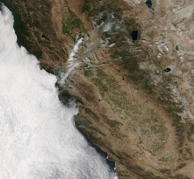 VIIRS true-colour satellite view of California, the coastal marine layer banked against the Coast Ranges and the Sierra Nevada running down the eastern edge.